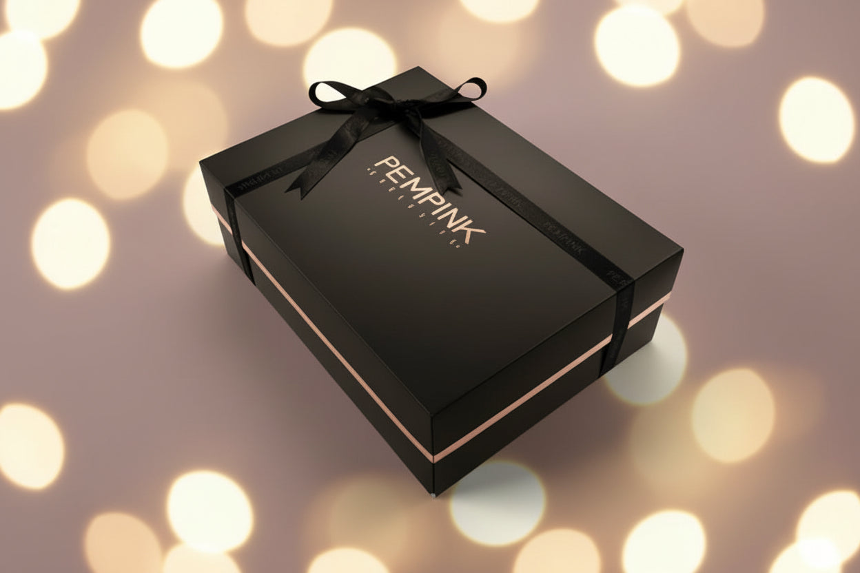 Black gift box with a black ribbon and 'Pempink' branding on a white background